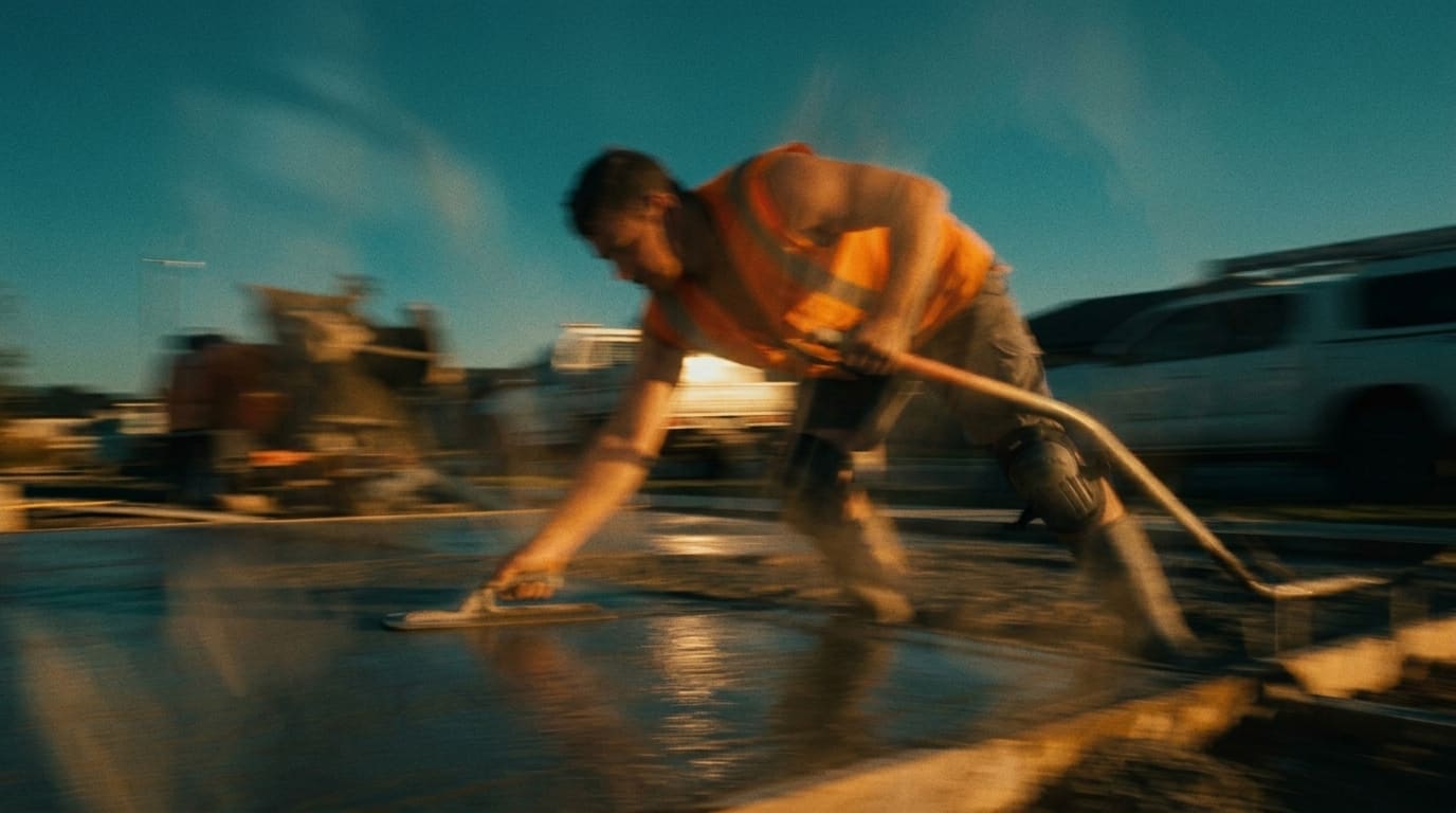 A concreter in hi-vis trowelling a driveway at dusk