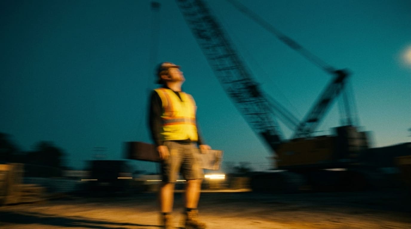 A tradie in hi-vis looking up at a crane on a building site at dusk