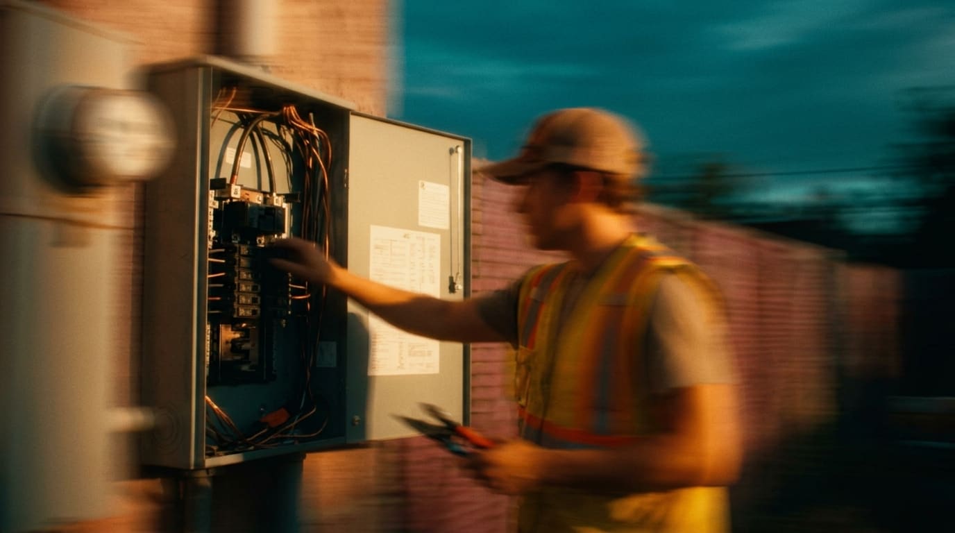An electrician working on a switchboard at dusk