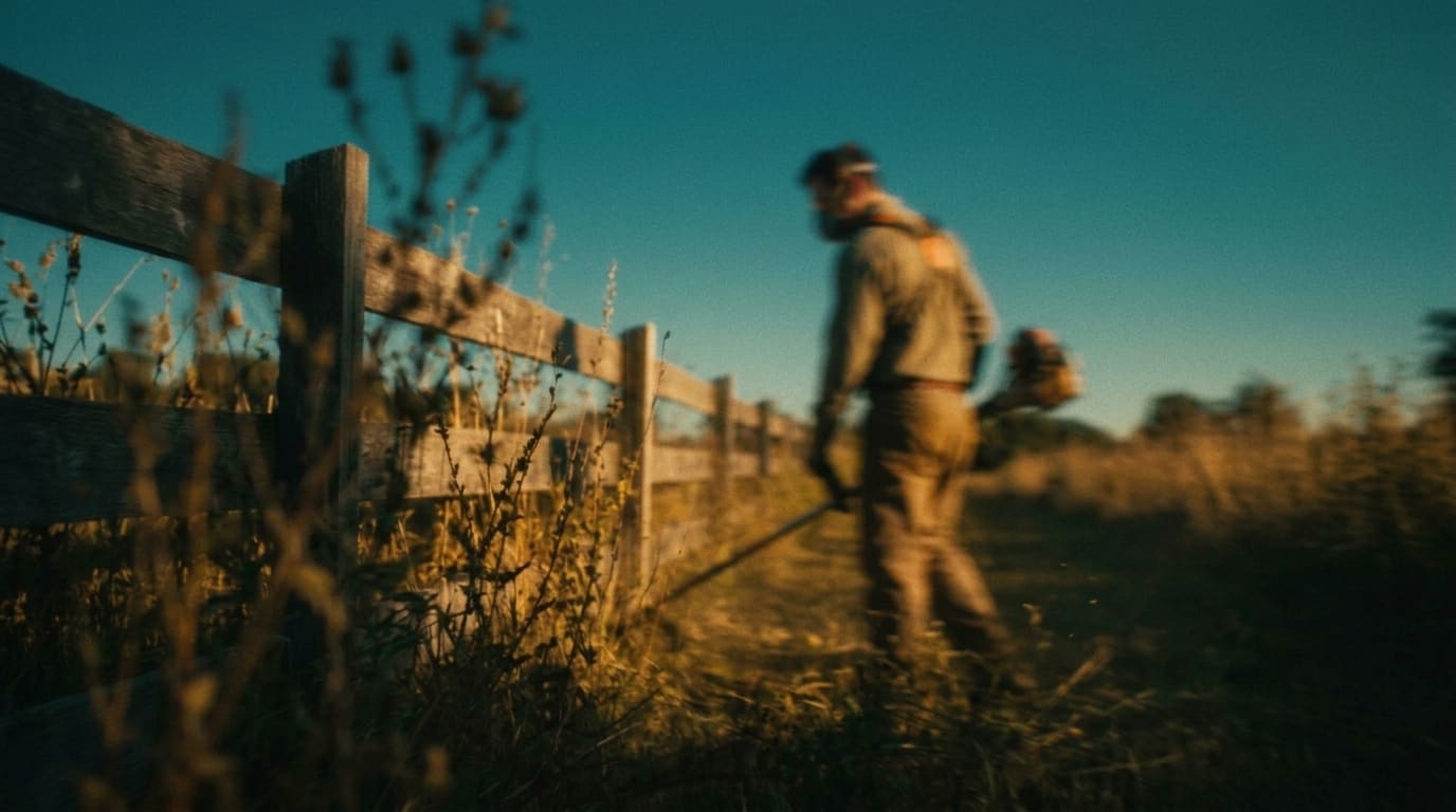 A landscaper trimming weeds along a timber fence at dusk