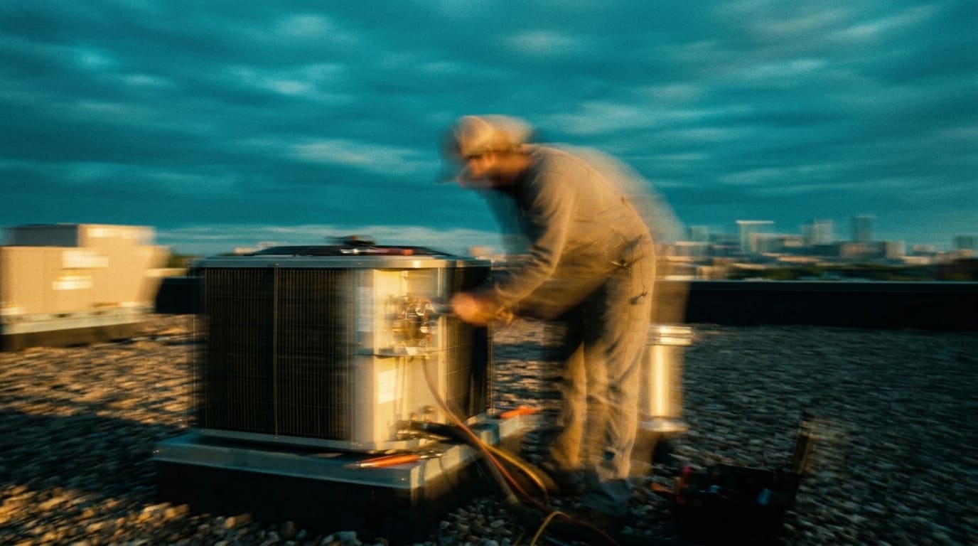 A plumber working on an air-conditioning unit on a rooftop at dusk