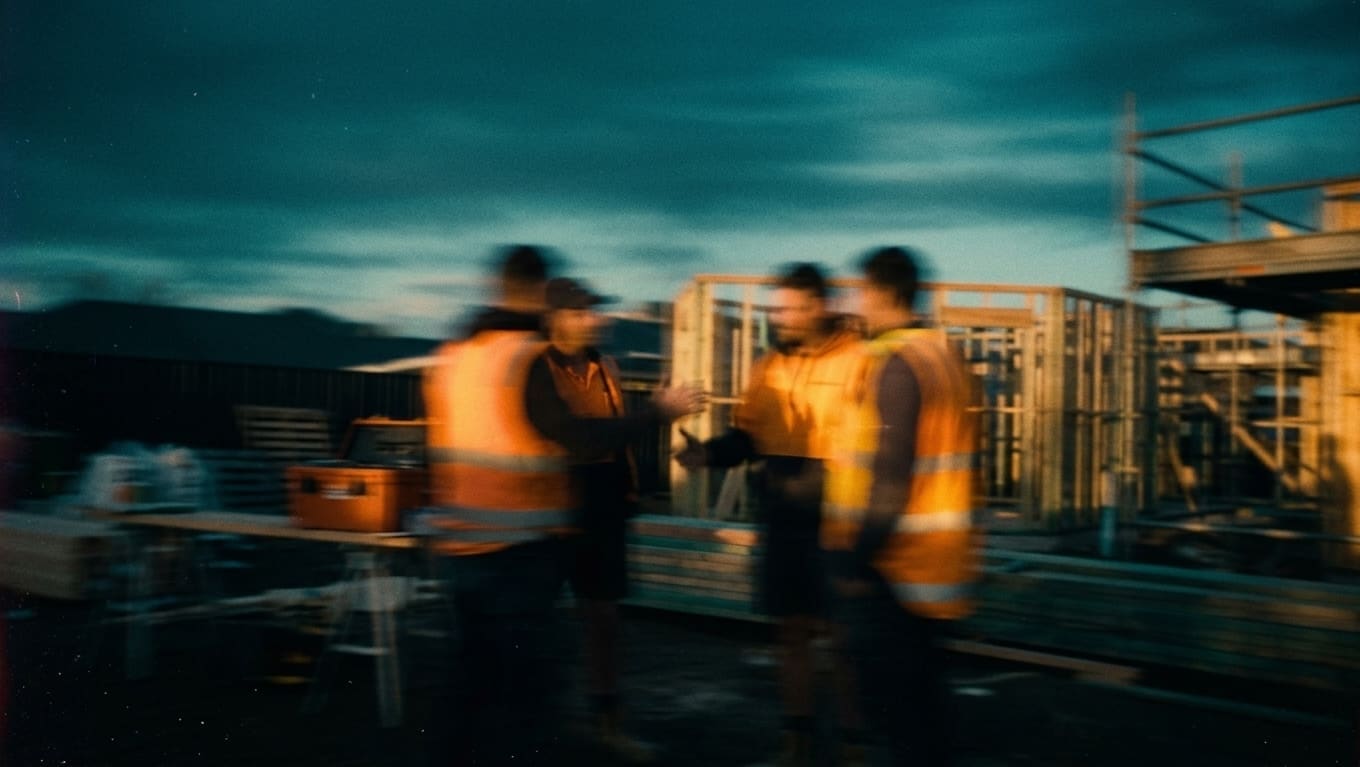 Tradies in hi-vis talking on a building site at dusk